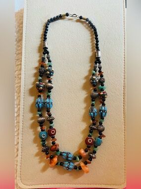 Vintage Multi Strand Ethnic Beaded Necklace Electic Boho Kuchi Green Red Stones